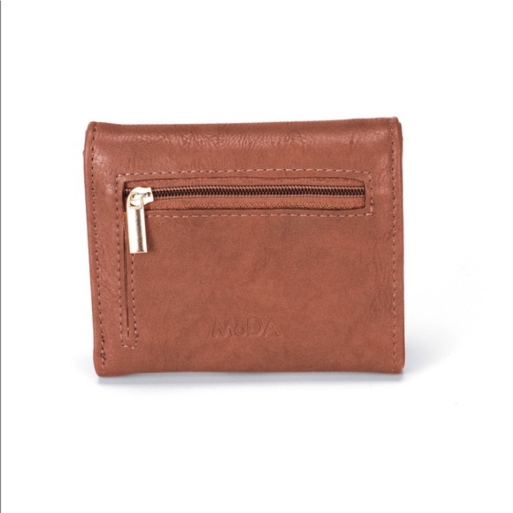 Cognac Brown Tri-Fold Vegan Leather Wallet - Picture 2 of 4
